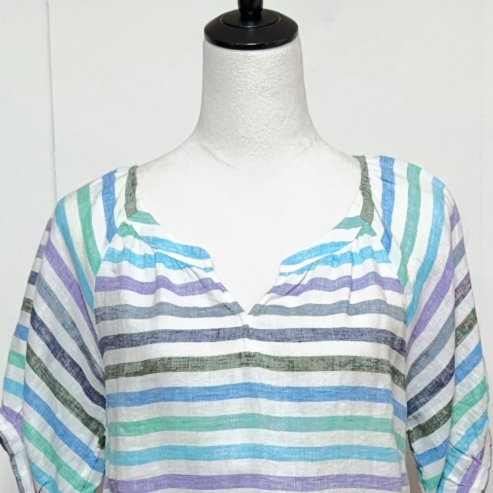Talbots Top Women Medium Blue Colorful Stripe Linen Spilt Neck Puff Short Sleeve